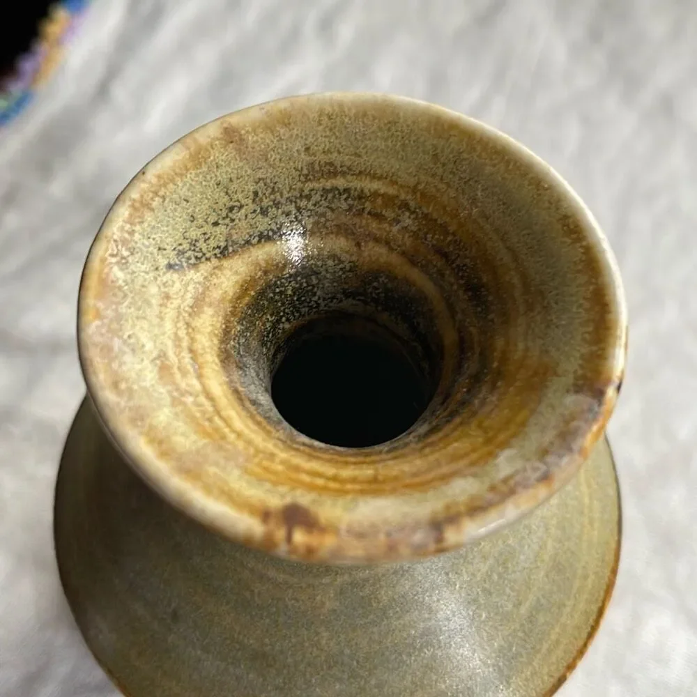 Vintage OMC Midcentury vase green and tan bamboo ceramic.